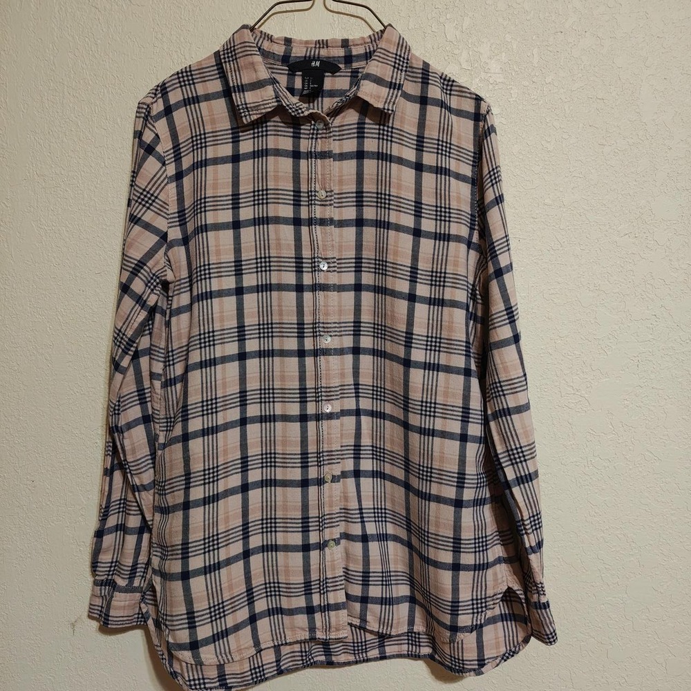 HM Biege Plaid Button Up Shirt Womens Size 2 S Long Sleeve Navy Blue Check
